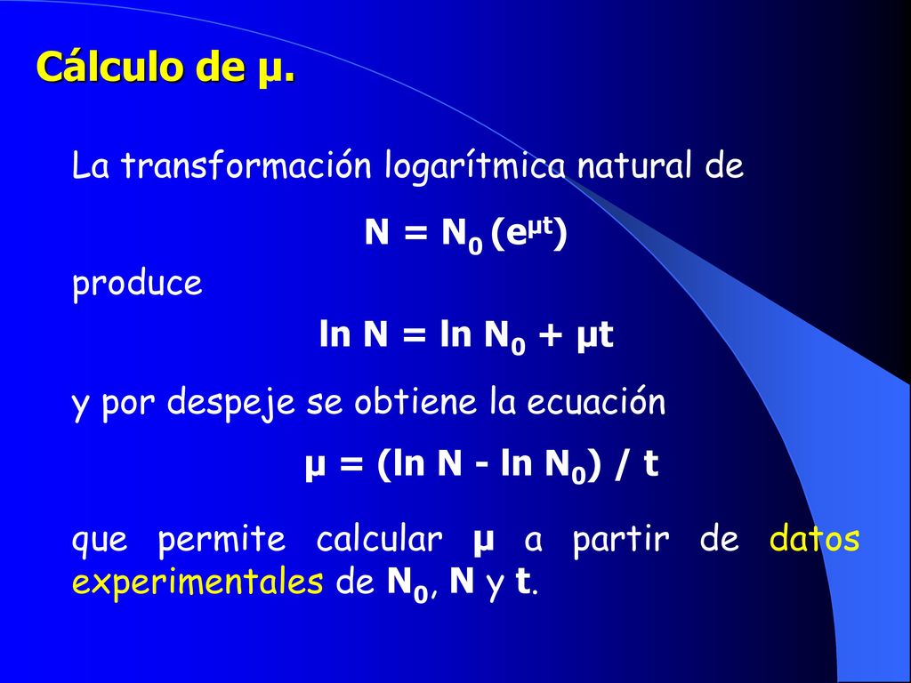Cálculo de µ. La transformación logarítmica natural de N = N0 (eµt)
