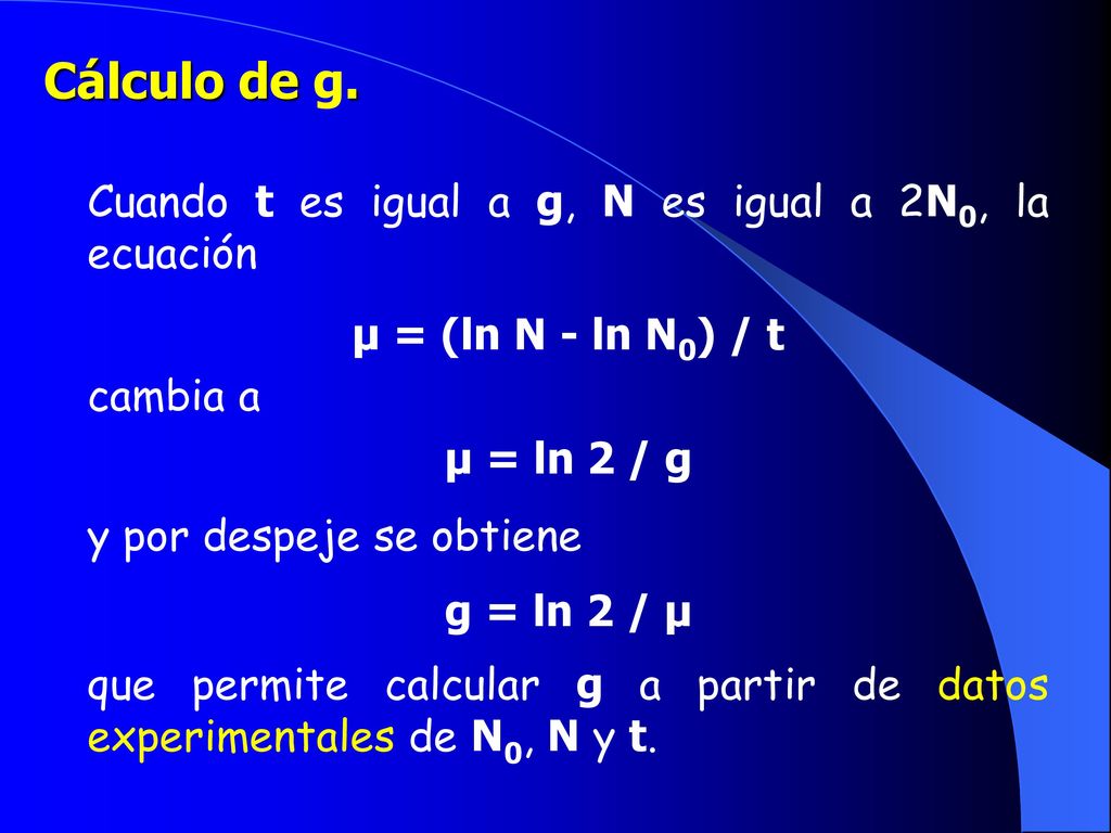 Cálculo de g. Cuando t es igual a g, N es igual a 2N0, la ecuación