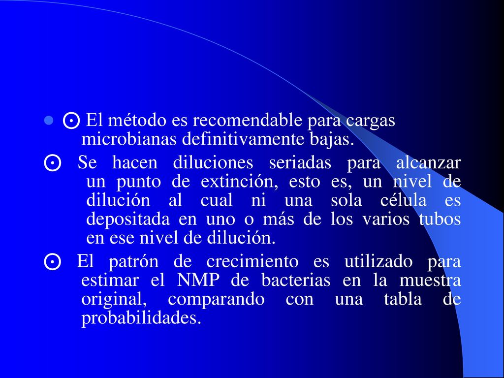 ⊙ El método es recomendable para cargas microbianas definitivamente bajas.