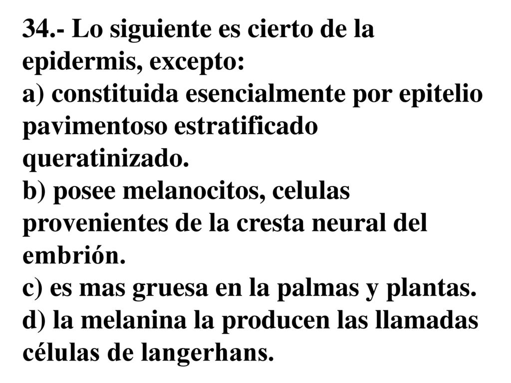 34.- Lo siguiente es cierto de la epidermis, excepto: a) constituida esencialmente por epitelio pavimentoso estratificado queratinizado.