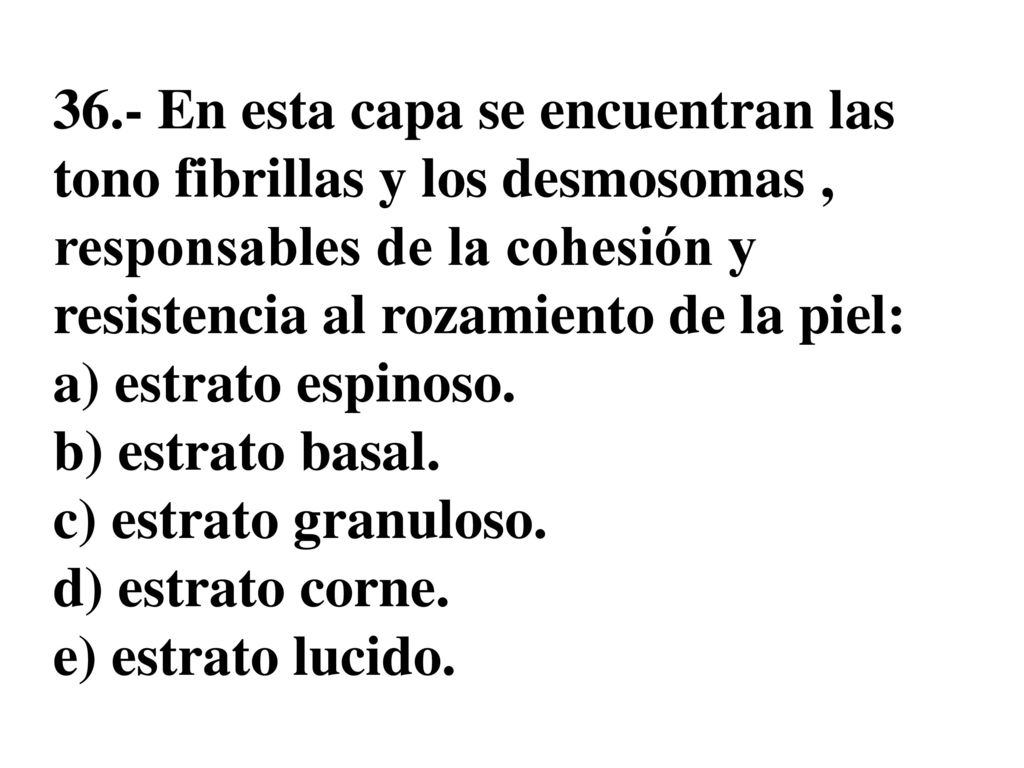 36.- En esta capa se encuentran las tono fibrillas y los desmosomas , responsables de la cohesión y resistencia al rozamiento de la piel: a) estrato espinoso.