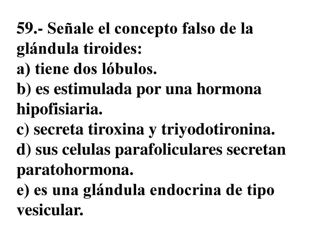 59.- Señale el concepto falso de la glándula tiroides: a) tiene dos lóbulos.