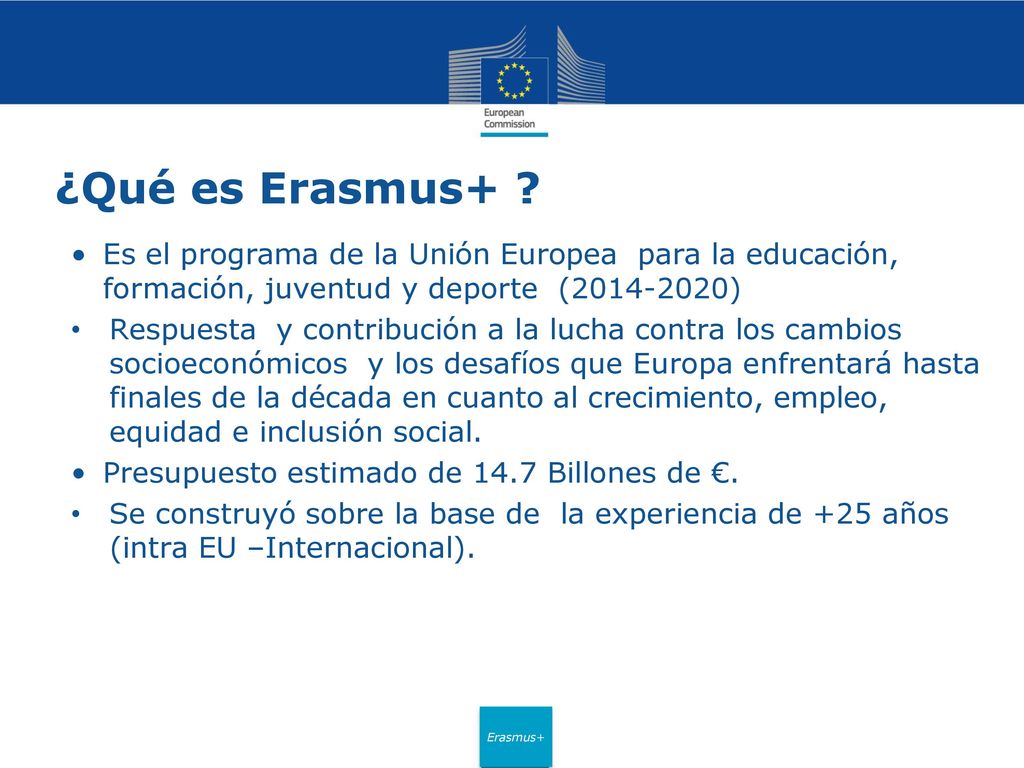¿Qué es Erasmus+ Es el programa de la Unión Europea para la educación, formación, juventud y deporte ( )