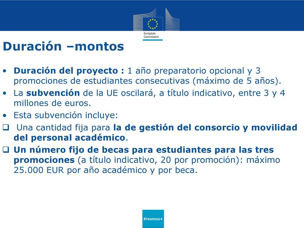 Duración –montos Duración del proyecto : 1 año preparatorio opcional y 3 promociones de estudiantes consecutivas (máximo de 5 años).