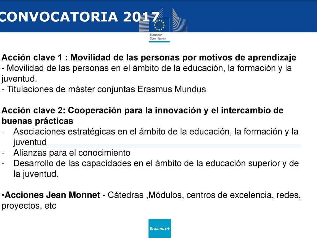 CONVOCATORIA 2017 Acción clave 1 : Movilidad de las personas por motivos de aprendizaje.