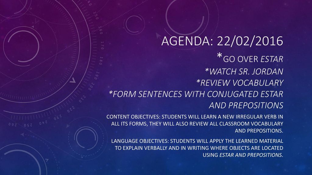 Agenda: 22/02/2016. Go over estar. Watch SR. Jordan. Review vocabulary