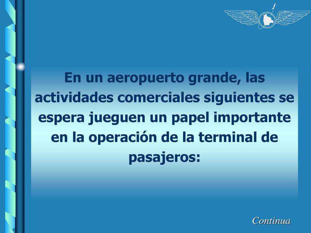 En un aeropuerto grande, las actividades comerciales siguientes se espera jueguen un papel importante en la operación de la terminal de pasajeros: