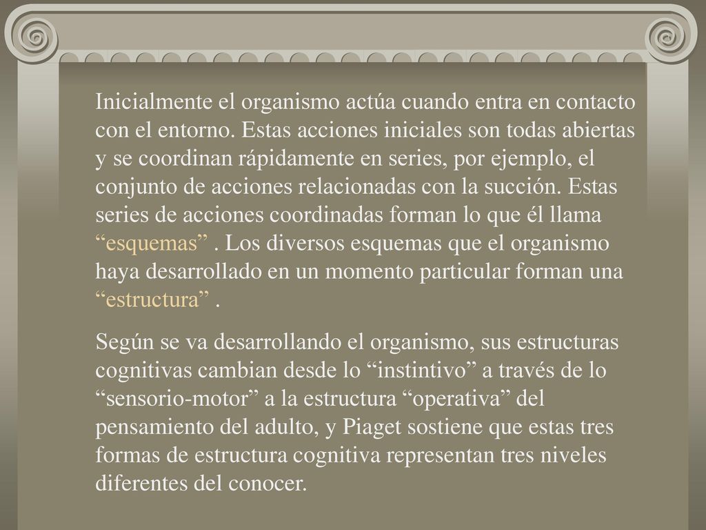 Inicialmente el organismo actúa cuando entra en contacto con el entorno. Estas acciones iniciales son todas abiertas y se coordinan rápidamente en series, por ejemplo, el conjunto de acciones relacionadas con la succión. Estas series de acciones coordinadas forman lo que él llama esquemas . Los diversos esquemas que el organismo haya desarrollado en un momento particular forman una estructura .