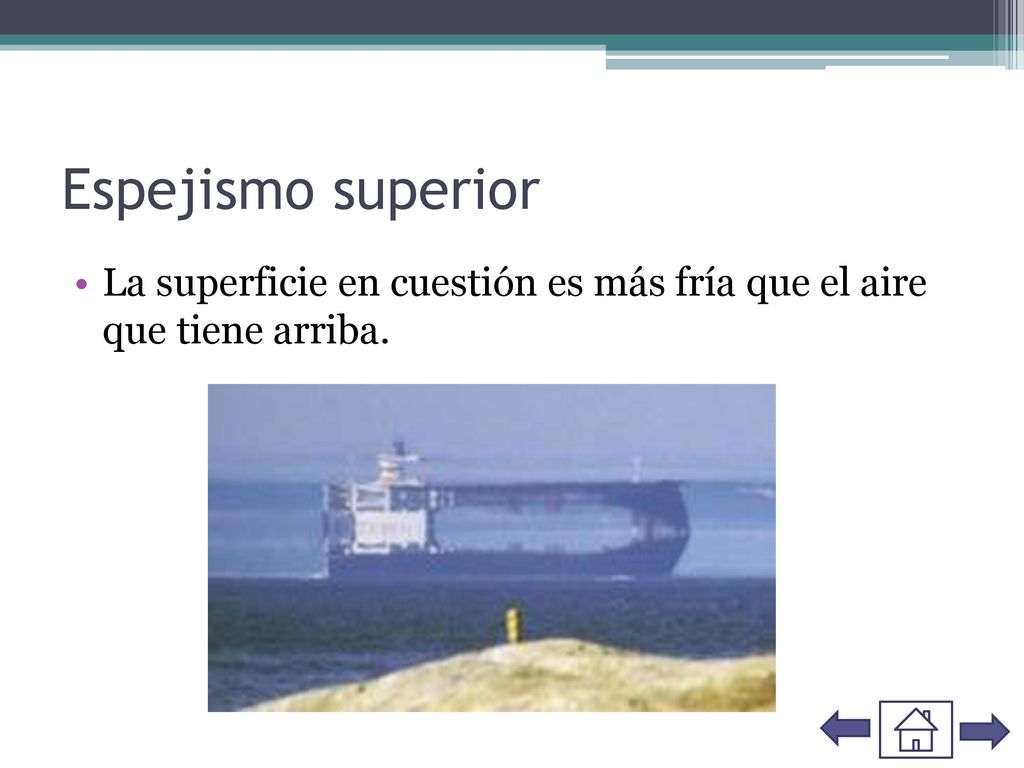 Espejismo superior La superficie en cuestión es más fría que el aire que tiene arriba.