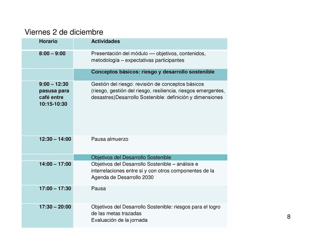 Sábado 3 de diciembre Horario Actividades 8:00 – 8:30