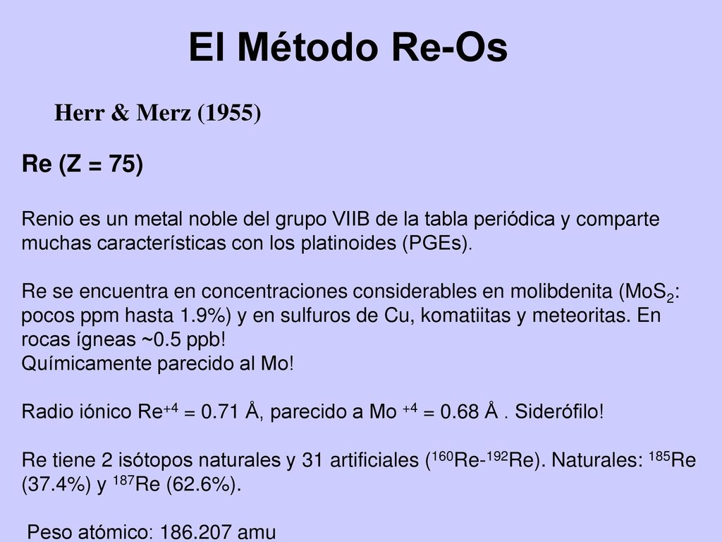 El Método Re-Os Herr & Merz (1955) Re (Z = 75)