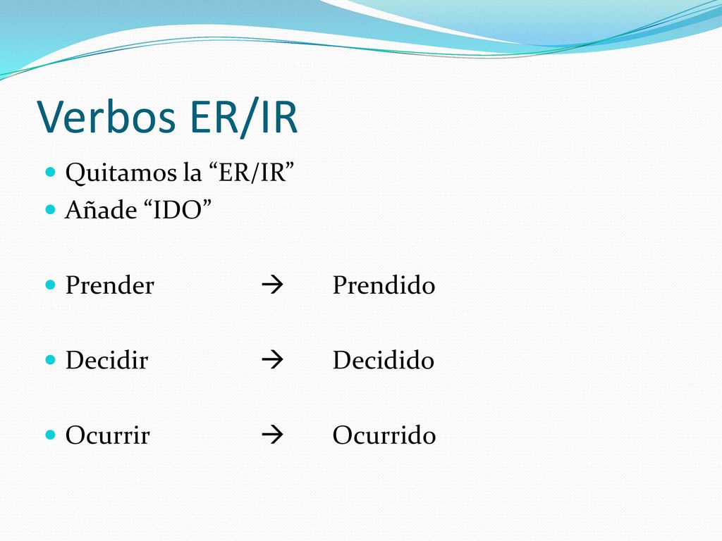 Verbos ER/IR Quitamos la ER/IR Añade IDO Prender  Prendido