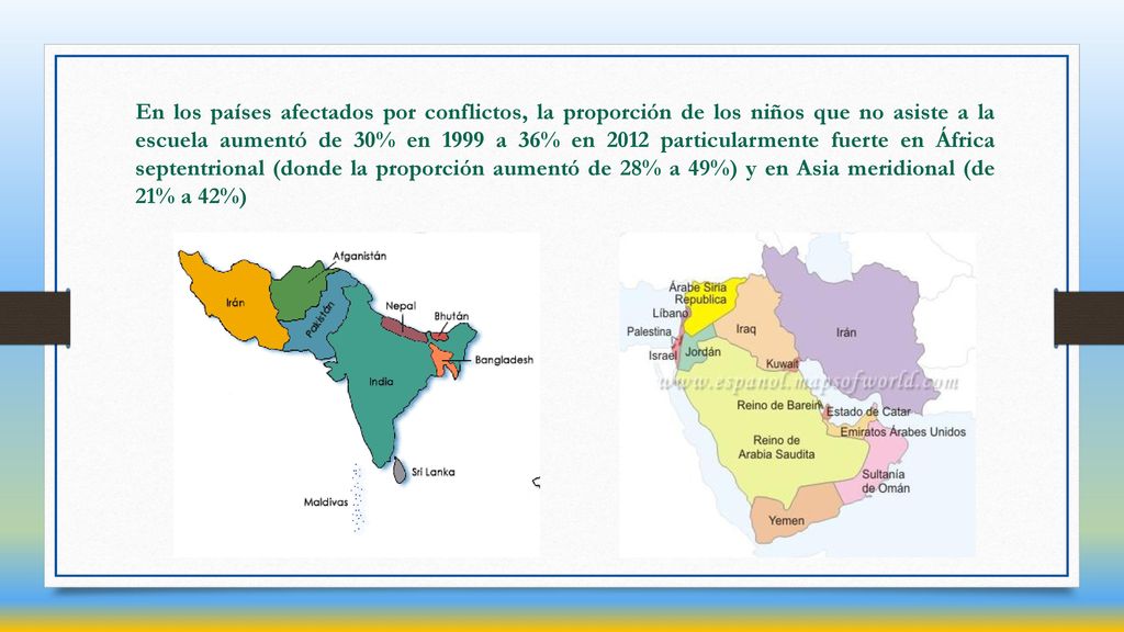 En los países afectados por conflictos, la proporción de los niños que no asiste a la escuela aumentó de 30% en 1999 a 36% en 2012 particularmente fuerte en África septentrional (donde la proporción aumentó de 28% a 49%) y en Asia meridional (de 21% a 42%)