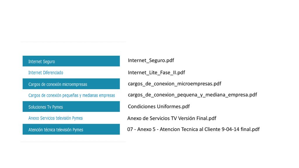 Internet_Seguro.pdf Internet_Lite_Fase_II.pdf. cargos_de_conexion_microempresas.pdf. cargos_de_conexion_pequena_y_mediana_empresa.pdf.