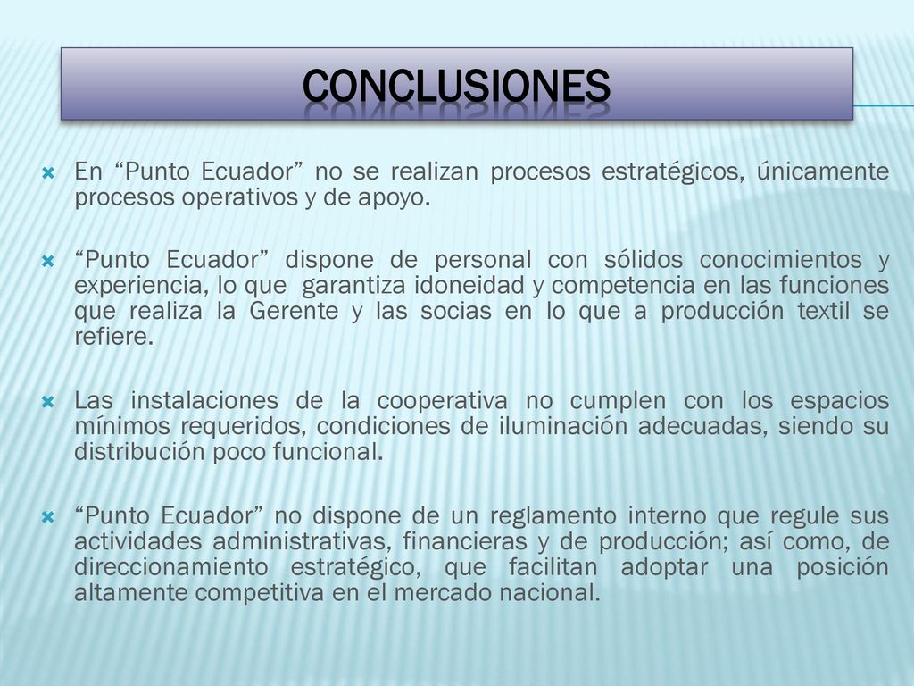 conclusiones En Punto Ecuador no se realizan procesos estratégicos, únicamente procesos operativos y de apoyo.