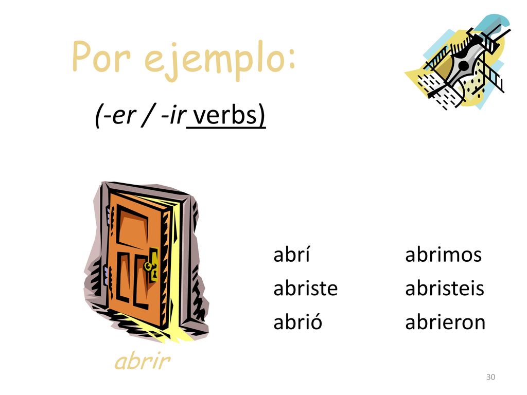Por ejemplo: (-er / -ir verbs) abrir abrí abriste abrió abrimos