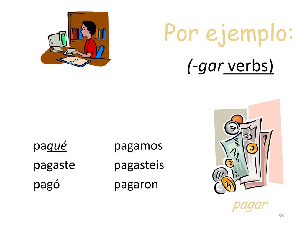Por ejemplo: (-gar verbs) pagar pagué pagaste pagó pagamos pagasteis