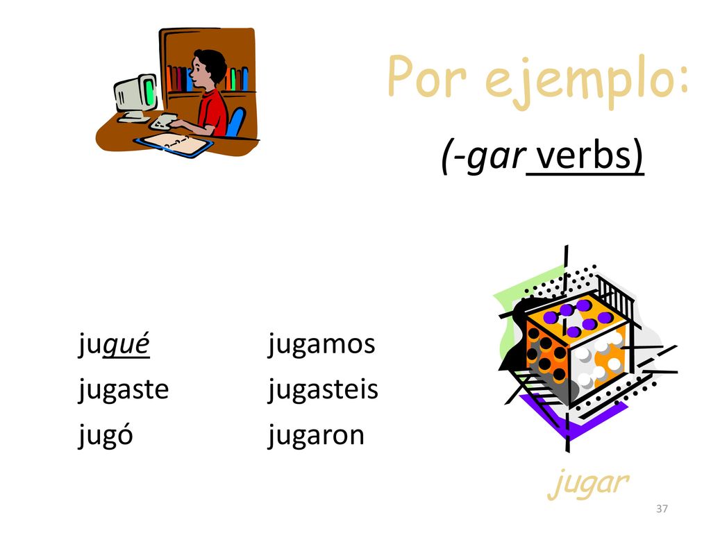 Por ejemplo: (-gar verbs) jugar jugué jugaste jugó jugamos jugasteis