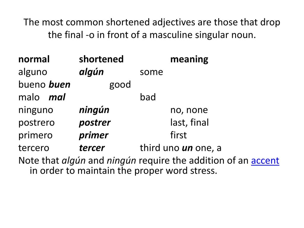 The most common shortened adjectives are those that drop the final -o in front of a masculine singular noun.