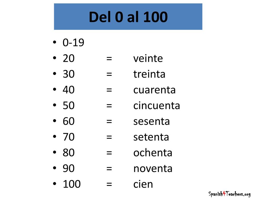 Del 0 al = veinte 30 = treinta 40 = cuarenta