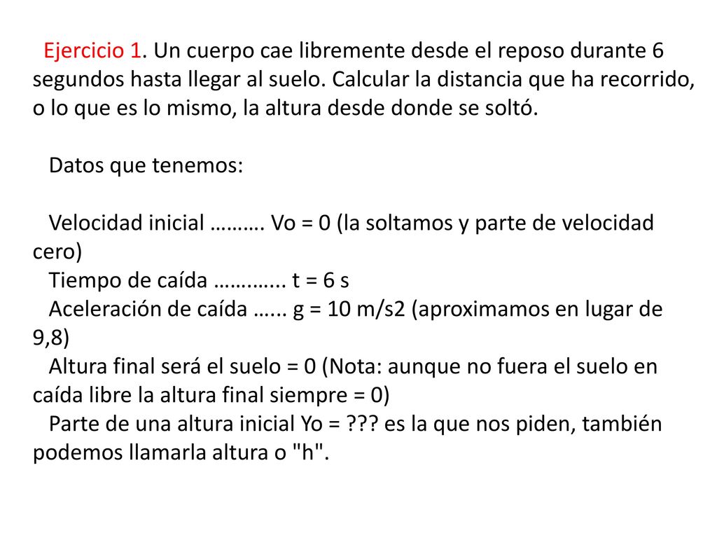 Ejercicio 1. Un cuerpo cae libremente desde el reposo durante 6 segundos hasta llegar al suelo.