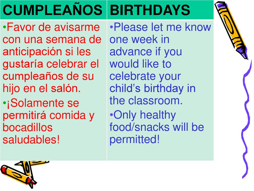 CUMPLEAÑOS BIRTHDAYS. Favor de avisarme con una semana de anticipación si les gustaría celebrar el cumpleaños de su hijo en el salón.