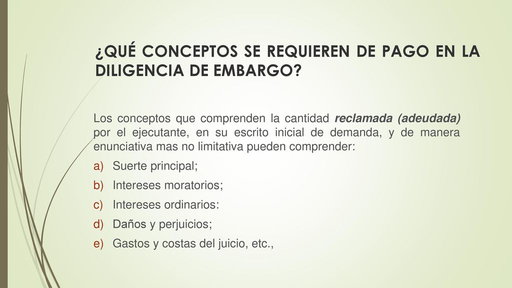 ¿QUÉ CONCEPTOS SE REQUIEREN DE PAGO EN LA DILIGENCIA DE EMBARGO