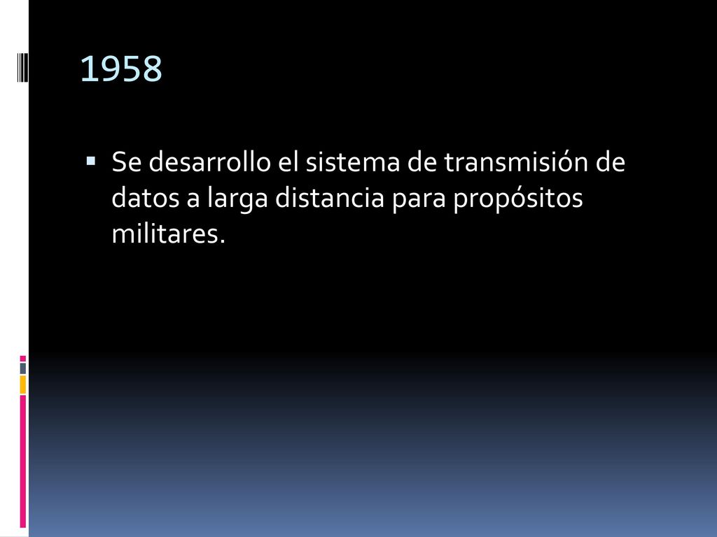 1958 Se desarrollo el sistema de transmisión de datos a larga distancia para propósitos militares.