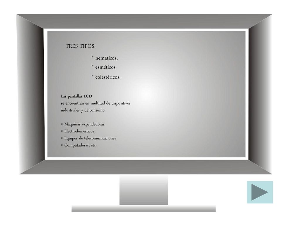 TRES TIPOS: * nemáticos, * esméticos * colestéricos. Las pantallas LCD