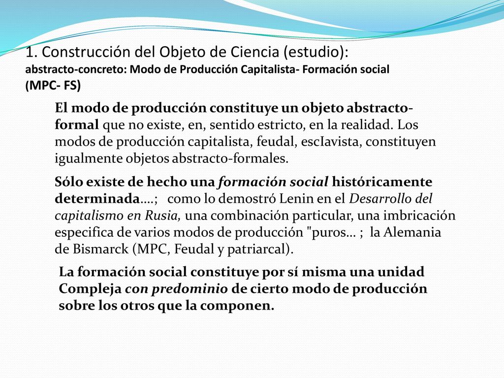 1. Construcción del Objeto de Ciencia (estudio): abstracto-concreto: Modo de Producción Capitalista- Formación social (MPC- FS)