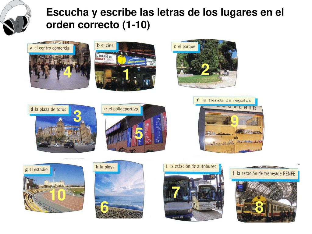 Escucha y escribe las letras de los lugares en el orden correcto (1-10)