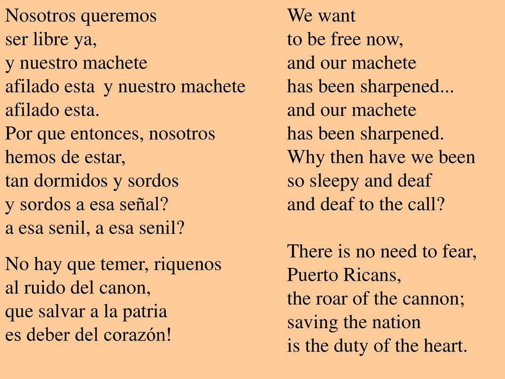 Nosotros queremos ser libre ya, y nuestro machete afilado esta y nuestro machete afilado esta. Por que entonces, nosotros hemos de estar, tan dormidos y sordos y sordos a esa señal a esa senil, a esa senil