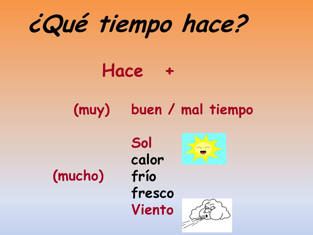 ¿Qué tiempo hace Hace + (muy) buen / mal tiempo Sol calor frío fresco