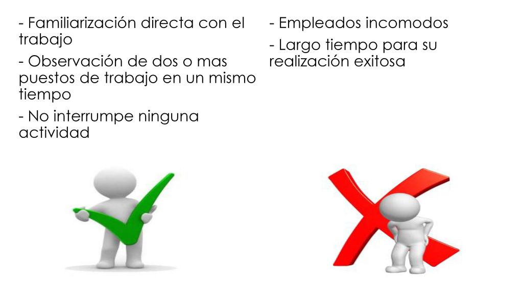 - Familiarización directa con el trabajo - Observación de dos o mas puestos de trabajo en un mismo tiempo - No interrumpe ninguna actividad