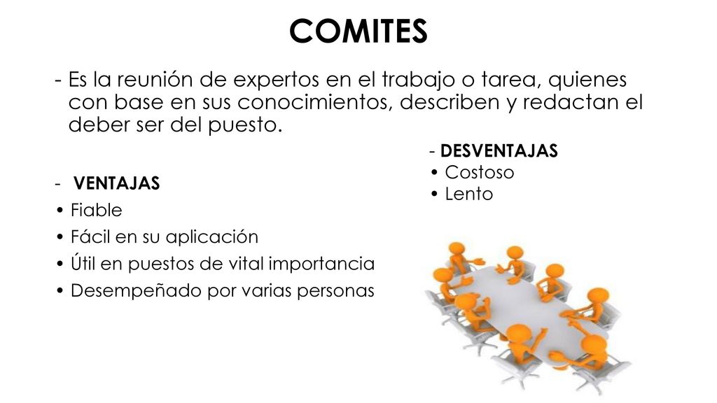 COMITES Es la reunión de expertos en el trabajo o tarea, quienes con base en sus conocimientos, describen y redactan el deber ser del puesto.