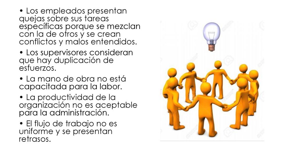 • Los empleados presentan quejas sobre sus tareas específicas porque se mezclan con la de otros y se crean conflictos y malos entendidos.