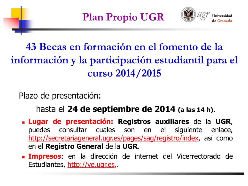 Plan Propio UGR 1 Beca en formación como coordinador/a en el fomento de la información y la participación estudiantil para el curso 2014/2015.