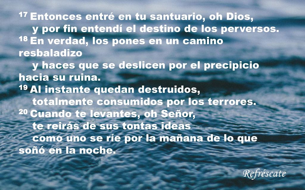 17 Entonces entré en tu santuario, oh Dios, y por fin entendí el destino de los perversos. 18 En verdad, los pones en un camino resbaladizo y haces que se deslicen por el precipicio hacia su ruina. 19 Al instante quedan destruidos, totalmente consumidos por los terrores. 20 Cuando te levantes, oh Señor, te reirás de sus tontas ideas como uno se ríe por la mañana de lo que soñó en la noche.