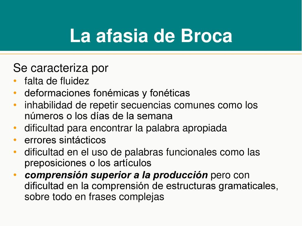 La afasia de Broca Se caracteriza por falta de fluidez