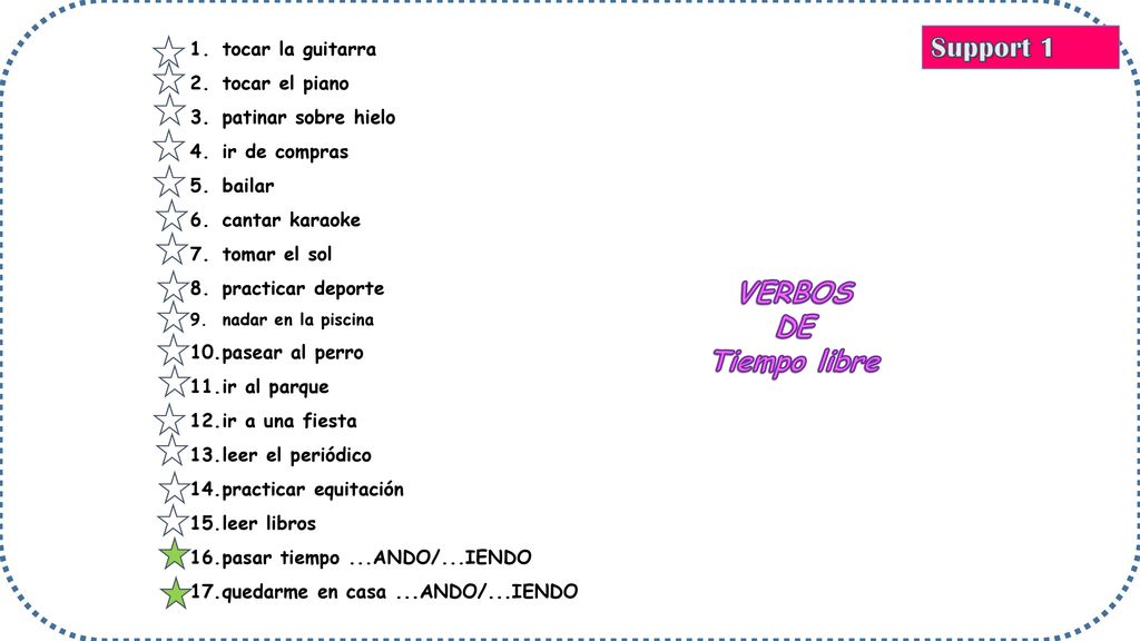 Support 1 VERBOS DE Tiempo libre tocar la guitarra tocar el piano