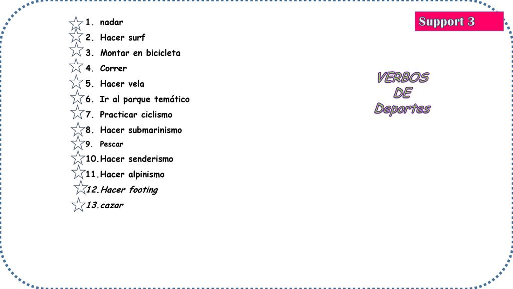 Support 3 VERBOS DE Deportes nadar Hacer surf Montar en bicicleta