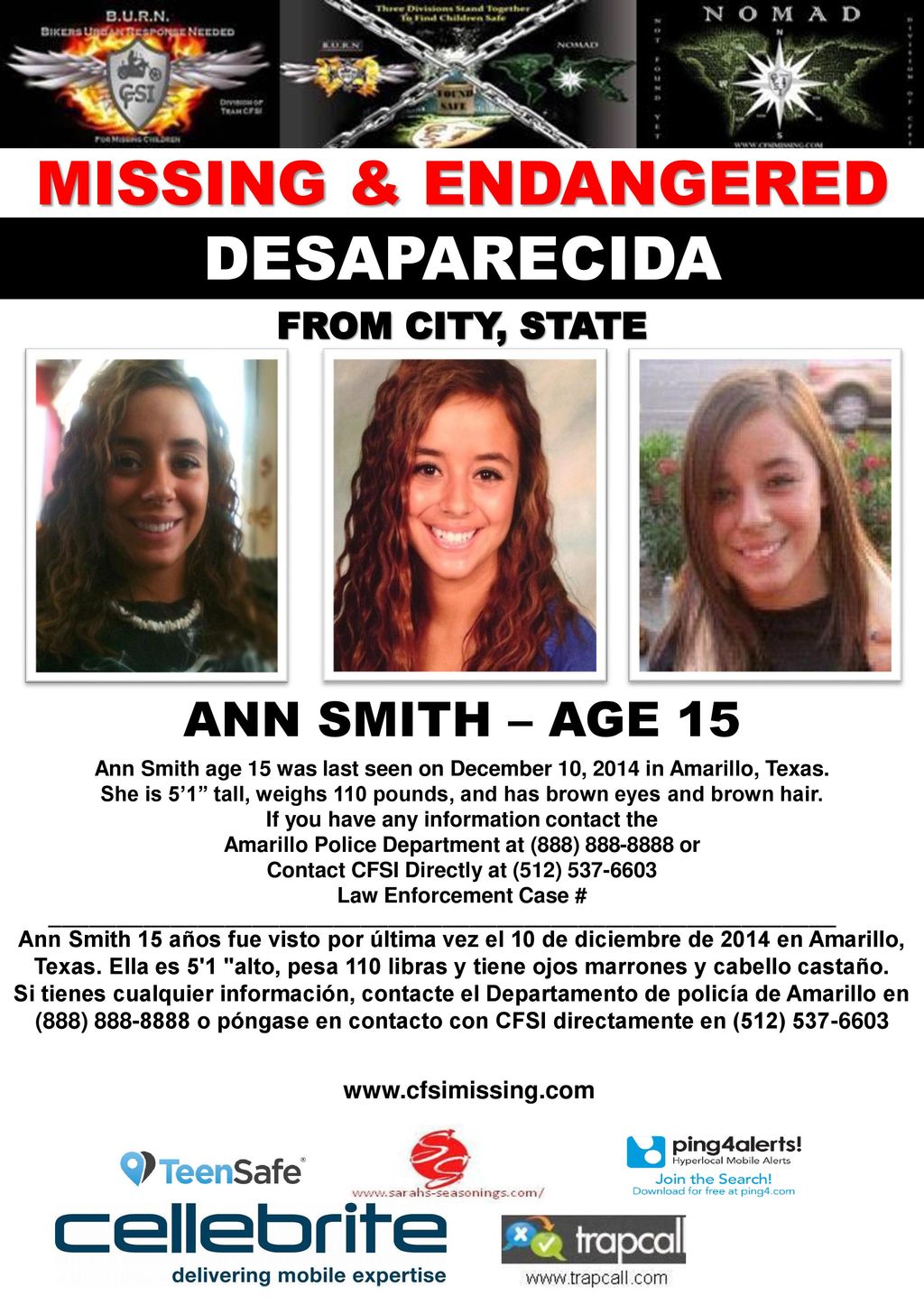 MISSING & ENDANGERED DESAPARECIDA ANN SMITH – AGE 15 FROM CITY, STATE