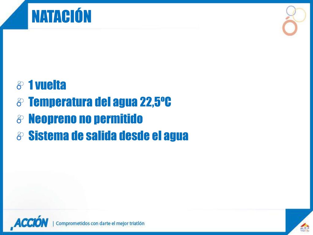 natación 1 vuelta Temperatura del agua 22,5ºC Neopreno no permitido
