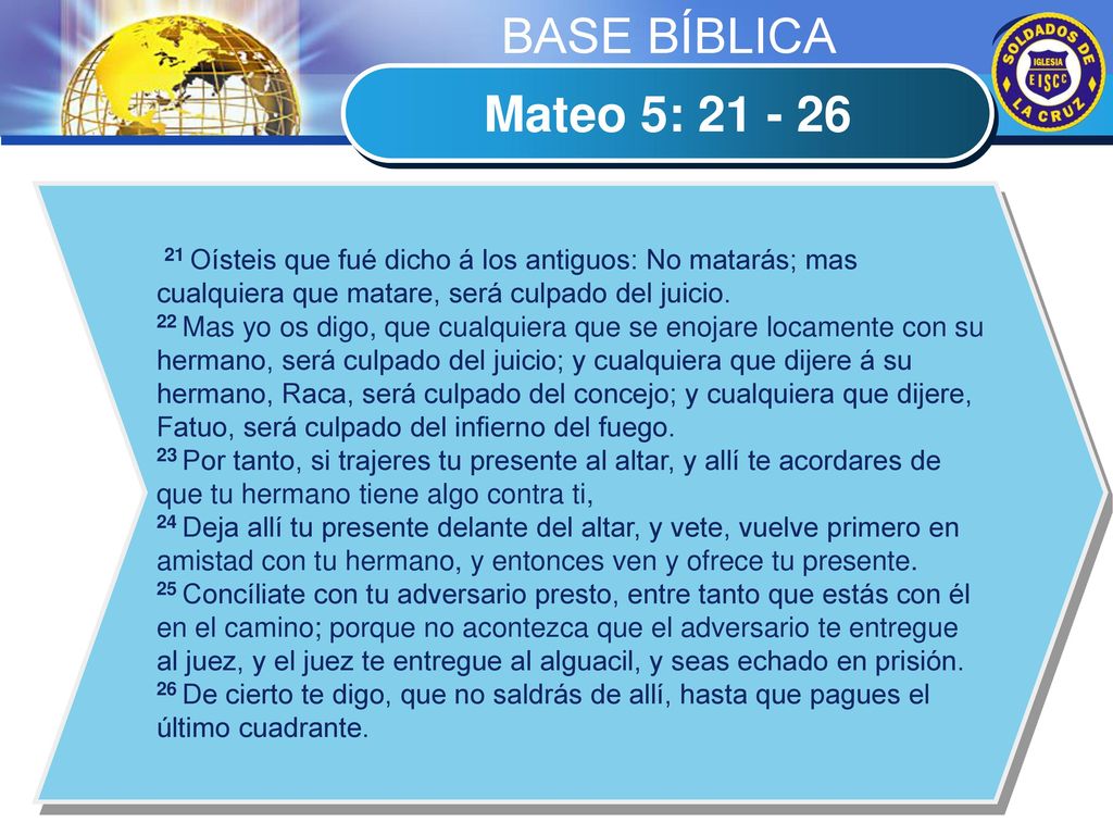 BASE BÍBLICA Mateo 5: Oísteis que fué dicho á los antiguos: No matarás; mas cualquiera que matare, será culpado del juicio.