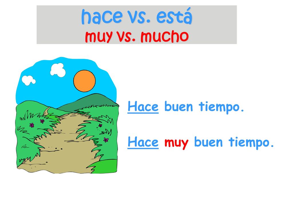 hace vs. está muy vs. mucho Hace buen tiempo. Hace muy buen tiempo.