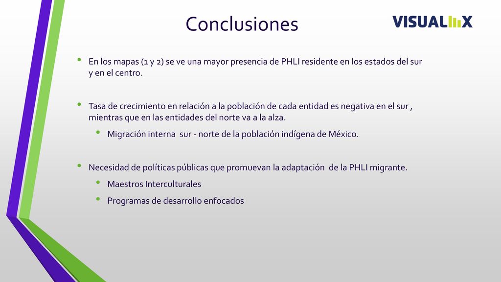 Conclusiones En los mapas (1 y 2) se ve una mayor presencia de PHLI residente en los estados del sur y en el centro.