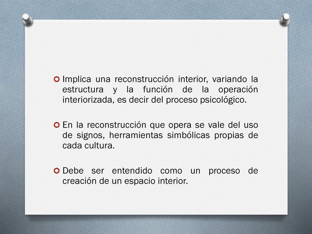 Implica una reconstrucción interior, variando la estructura y la función de la operación interiorizada, es decir del proceso psicológico.