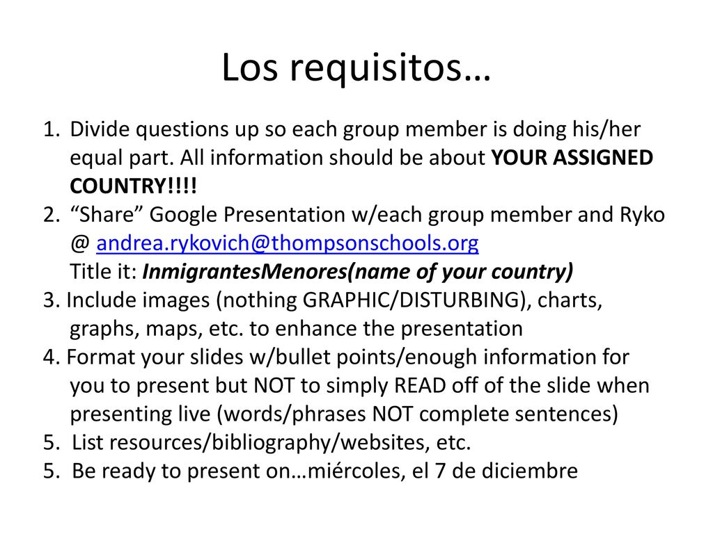 Los requisitos… Divide questions up so each group member is doing his/her equal part. All information should be about YOUR ASSIGNED COUNTRY!!!!