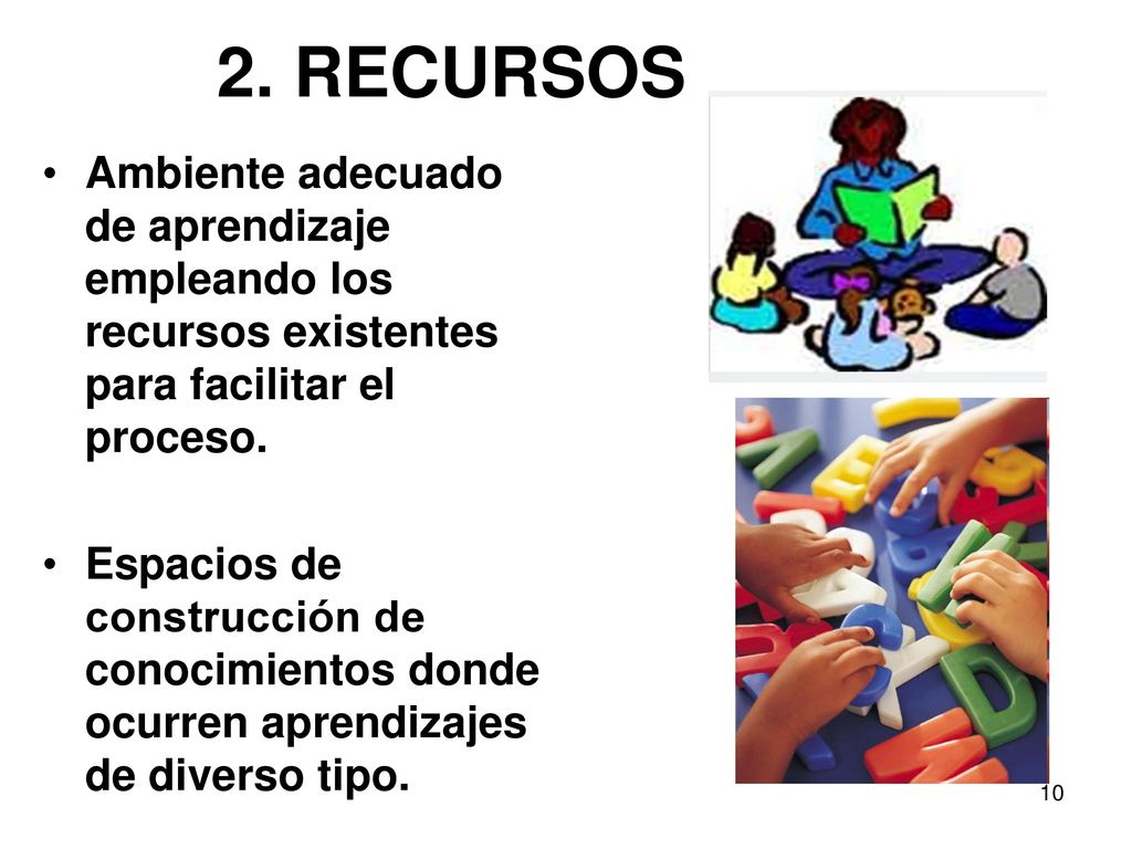 2. RECURSOS Ambiente adecuado de aprendizaje empleando los recursos existentes para facilitar el proceso.