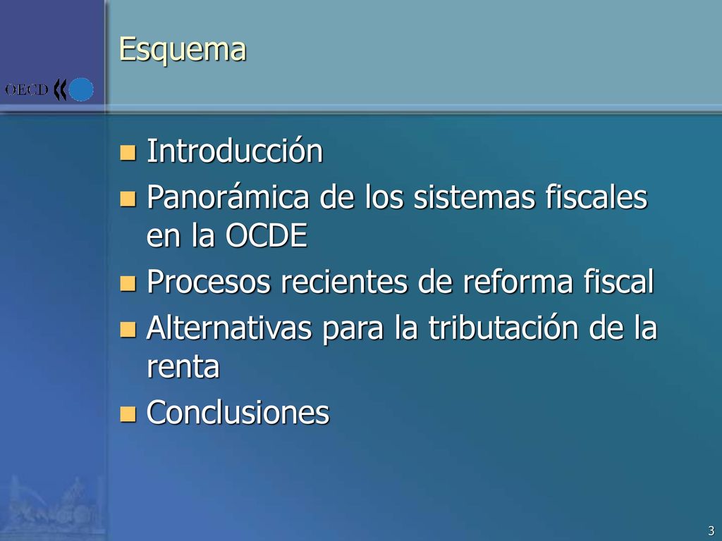 Esquema Introducción. Panorámica de los sistemas fiscales en la OCDE. Procesos recientes de reforma fiscal.